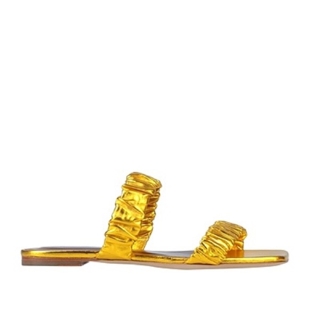 NWT! STAUD Maya Ruched Leather Slide Sandals in Metallic Gold - 7